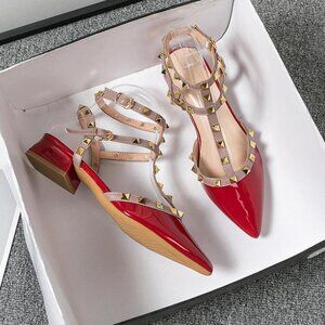Summer High-heeled Sandal Fashion Design Pointed Rivet Red Casual Shoes Size 8.5